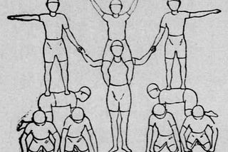 A human pyramid, drawn simply, with 11 figures.