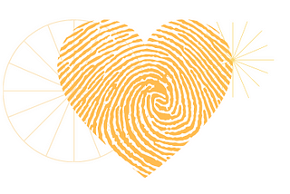 Abstract illustration with golden heart shape fingerprint, starburst and wheel.