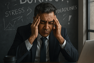 A hyper-realistic digital photograph of a South Asian executive seated alone at a large conference table in a dimly lit office. His shoulders are slightly hunched, eyes staring blankly into space with exhaustion. Around him, faint digital overlays of brand words like “Relentless,” “High-Performer,” and “Always On” flicker — symbolizing the silent weight of an identity built on burnout.
