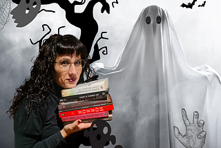 Alice with books in front of her on a Halloween background with a big ghost, bats and a tree.