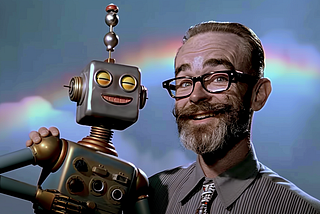 A smiling man with beard and glasses and a golden robot, putting arms on each other, rainbow and blue sky. AI image created on MidJourney V6 by Henrique Centieiro and Bee Lee.