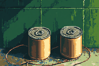 A pixel-art rendition of two tin cans connected by a cable