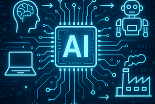 Image of a computer chip with AI in the center. Computer chip is connected to things like a human brain, factory, robot, and computer.