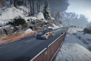 Split-screen multiplayer in WRC 7 with cars displaying as wire frames due to texture issues.