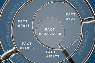 A small magnifying glass highlights the text “Fact #145924058,” a larger magnifying glass highlights that fact plus Fact#324. A larger magnifying glass encapsulates those plus additional Fact#9845, Fact#24958, and Fact#19873. The largest magnifying glass encapsulates all of those plus the word “Context” which repeats around the rim of the largest magnifying glass.