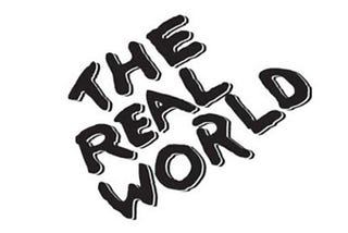 The original logo for The Real World, in sideways scrawled black lettering, all caps