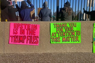 Protesters in St. Louis stand with their backs to camera behind two colorful signs that read: “Epstein Is In The Trump Files” and “Thank You For Your Attention To This Matter.” (Photo by author.)