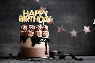 Chocolate birthday cake with chocolate ganache drip icing and happy birthday banner