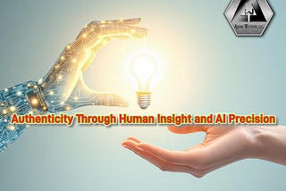 A high-resolution digital image depicting a circuit-patterned AI hand passing a glowing lightbulb — representing an idea — to a realistic human hand. The scene emphasizes the synergy between AI’s precision and human creativity and critical thinking, with a clean, light-themed background and the AJENE WATSON, LLC logo in the top corner. Text overlay reads: ‘Authenticity Through Human Insight and AI Precision.’