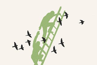 A silhouette of two people climbing a ladder, one reaching back to help the other up. A silhouette of flock of birds flies past them.