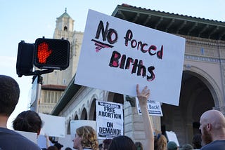 Protest sign reads “No forced births”