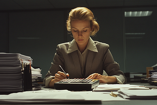 A woman in dull clothing doing paperwork on a desk with a large calculator.