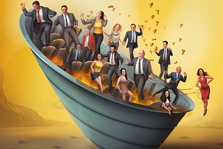An illustration of professionals wearing formal work attire falling into a funnel. The funnel is grey against a yellow background.