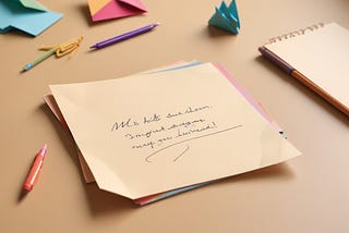 Closeup of a handwritten memo note on a beige office desk with a pen and paperclips