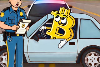an image of a cop reading a miranda warning to a bitcoin icon in a car