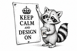 Ashley the raccoon holding a poster that says “Keep calm and design on”