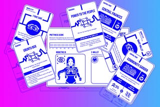 A mock-up of game components for the first playable prototype of the Algorithms of Late Capitalism board game.