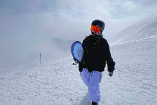 Snowboarder on top of mountain walking with snowboard in hand.