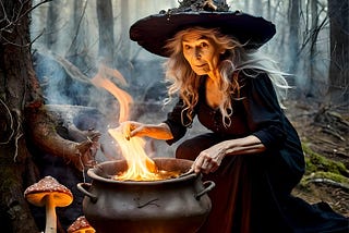 An image of the Crone Archetype: A witch in the forest