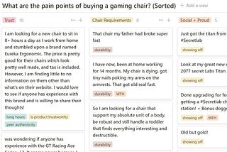 A series of cards organized vertically. Each card highlights a specific phrase from the Reddit posts relevant to our research question of “what are pain points of buying a gaming chair?”