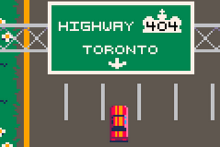 Top-down view of a lone car on the tarmac, passing a sign stating ‘Highway 404’ and listing Toronto as the next destination.