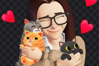 Cartoon illustration of a cheerful girl with glasses holding two adorable pets, surrounded by floating hearts, symbolizing love and affection.