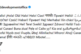 Screenshot of the welcome post on Threads from the UK Foreign and Development Office a ‘hello’ in 60 different languages.