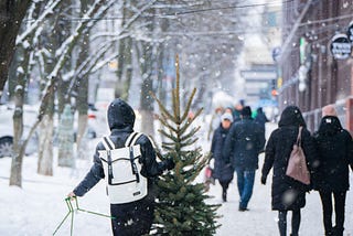 Someone takes home a Christmas tree in the snow in the city.