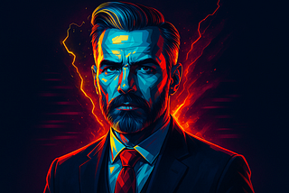 Strategic professional in cyberpunk aesthetic looking powerfully at the camera, symbolizing augmented intelligence and the fusion of human expertise with technological enhancement