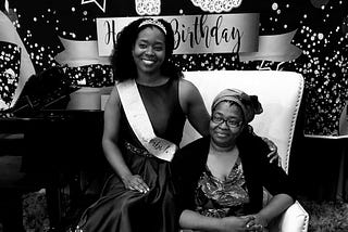 Black and White Picture of author and Mom at 40th birthday celebration