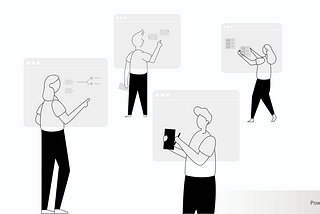 Illustration of people using a whiteboard.