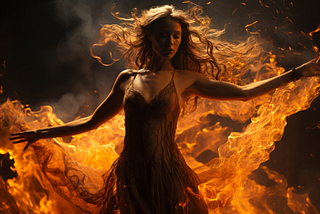 the picture is a of a woman walking through fire, almost as if she is dancing