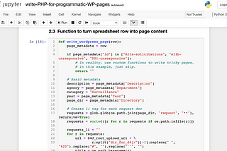 Screenshot of Jupyter notebook with function to turn spreadsheet of page metadata into Wordpress page content