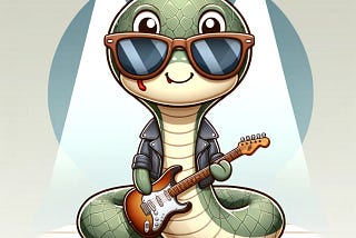 A cute cartoon python wearing sunglasses and a leather jacket, smiling as it plays a red and white electric guitar while seated on a simple wooden stage under a spotlight.