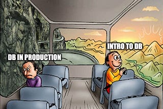 Meme about happy introduction to databases vs sad reality of databases in production