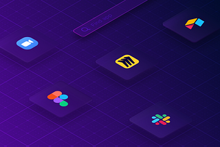 A graphic showing five floating logos and UI controls on top of a violet-themed blueprint grid. The logos include the products mentioned in this study: Airtable, Figma, Miro, Slack, and Zoom. The only visible UI control is symbolized by the search field having a “Search app” placeholder. This graphic aims to provide an abstract visual representation of the SaaS marketplace.