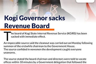 *Kogi Governor sacks Revenue Board*