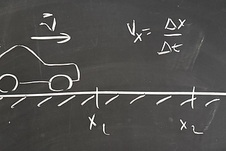 chalk board image showing a car with a velocity vector and the definition of velocity in the x-direction.