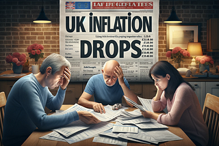 People looking worried looking at bills while a newspaper in the background announces that inflation has dropped.