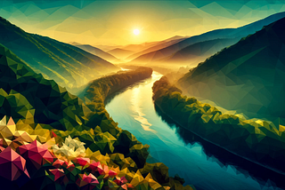 Appalachian river with DALL-E and me, Brett :: the low polygon style image of the Appalachian Mountains at sunrise with the river winding through the landscape. This stylized version maintains the tranquil essence while reflecting themes of change and development, perfect for your article’s context.