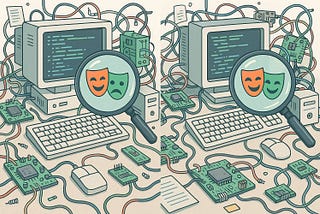 GPT-image-1 prompt: A digital illustration showing a side-by-side comparison of two cluttered desktop scenes, filled with detailed computer parts like circuit boards, wires, monitors, keyboards, CPUs, and code snippets. A large magnifying glass hovers over the images, revealing subtle differences between the two scenes, highlighting the Playwright test framework logo (the red/green comedy/tragedy masks icon).