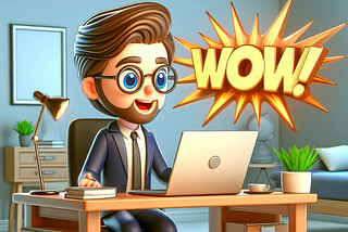 A cartoon man in front of a desk with a laptop (Generated with Microsoft Copilot)