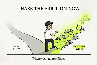 A designer choosing the uphill, friction path over the fading smooth path, illustrating redirected grief toward judgment work.