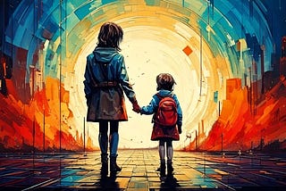 Two figures, one adult and one child, walk hand in hand toward a bright, colorful tunnel.