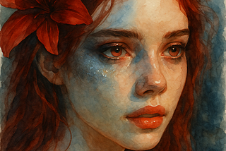 An AI generated watercolor painting of a young woman with long red hair and soft, glowing skin.