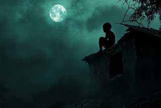 a Black vampire baby in the darkness above his communal home in Kumasi.