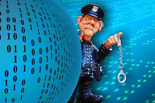 Binary globe with police officer and handcuffs.