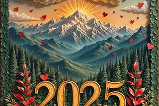 The year 2025 is shown in the foreground, against a background of mountains and forests, with the sun just behind the highest and snow-capped peaks, with some stylish clouds in the sky.