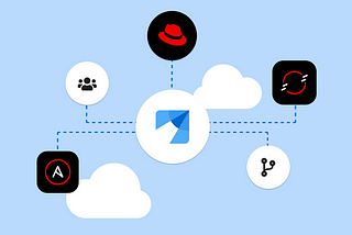 A PatternFly logo sits in the middle of a web of interconnected icons, including Red Hat product logos, a code branch icon, and an icon representing multiple people, all of which have dotted lines connecting to the PatternFly logo. There is a light blue background with clouds.