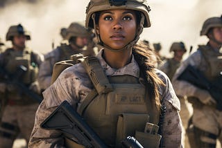 a Black woman officer in Marine Corps battle gear, wearing a helmet, holding an M-4 rifle, standing in front of a one-story building on a desert hilltop, with five Marines behind her